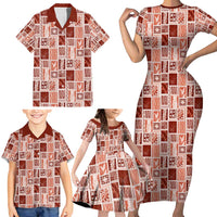 Vintage Aloha Block Quilt Family Matching Short Sleeve Bodycon Dress and Hawaiian Shirt Red Inspired Lei Motifs - Polynesian Pride