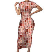 Vintage Aloha Block Quilt Short Sleeve Bodycon Dress Red Inspired Lei Motifs LT9 Long Dress Red - Polynesian Pride