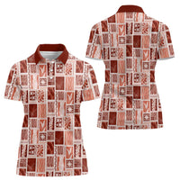 Vintage Aloha Block Quilt Women Polo Shirt Red Inspired Lei Motifs - Polynesian Pride
