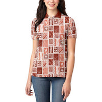 Vintage Aloha Block Quilt Women Polo Shirt Red Inspired Lei Motifs - Polynesian Pride