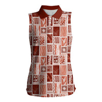 Vintage Aloha Block Quilt Women Sleeveless Polo Shirt Red Inspired Lei Motifs - Polynesian Pride