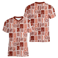 Vintage Aloha Block Quilt Women V-Neck T-Shirt Red Inspired Lei Motifs - Polynesian Pride