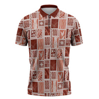 Vintage Aloha Block Quilt Zipper Polo Shirt Red Inspired Lei Motifs - Polynesian Pride