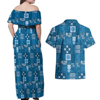 Vintage Hawaiian Quilting Patterns Couples Matching Off Shoulder Maxi Dress and Hawaiian Shirt Blue Style Tribal Fabric Patchwork - Polynesian Pride