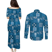 Vintage Hawaiian Quilting Patterns Couples Matching Puletasi and Long Sleeve Button Shirt Blue Style Tribal Fabric Patchwork - Polynesian Pride