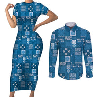 Vintage Hawaiian Quilting Patterns Couples Matching Short Sleeve Bodycon Dress and Long Sleeve Button Shirt Blue Style Tribal Fabric Patchwork - Polynesian Pride