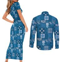 Vintage Hawaiian Quilting Patterns Couples Matching Short Sleeve Bodycon Dress and Long Sleeve Button Shirt Blue Style Tribal Fabric Patchwork - Polynesian Pride