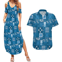 Vintage Hawaiian Quilting Patterns Couples Matching Summer Maxi Dress and Hawaiian Shirt Blue Style Tribal Fabric Patchwork - Polynesian Pride