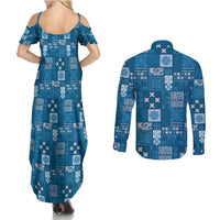 Vintage Hawaiian Quilting Patterns Couples Matching Summer Maxi Dress and Long Sleeve Button Shirt Blue Style Tribal Fabric Patchwork - Polynesian Pride