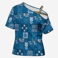Vintage Hawaiian Quilting Patterns Cross Shoulder Shirt Blue Style Tribal Fabric Patchwork - Polynesian Pride