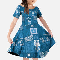Vintage Hawaiian Quilting Patterns Family Matching Off The Shoulder Long Sleeve Dress and Hawaiian Shirt Blue Style Tribal Fabric Patchwork LT9 Daughter's Dress Blue - Polynesian Pride