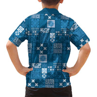 Vintage Hawaiian Quilting Patterns Family Matching Off Shoulder Maxi Dress and Hawaiian Shirt Blue Style Tribal Fabric Patchwork - Polynesian Pride