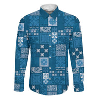 Vintage Hawaiian Quilting Patterns Family Matching Off Shoulder Maxi Dress and Hawaiian Shirt Blue Style Tribal Fabric Patchwork - Polynesian Pride
