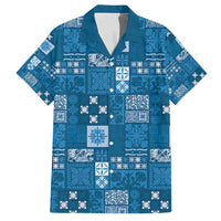 Vintage Hawaiian Quilting Patterns Family Matching Off Shoulder Short Dress and Hawaiian Shirt Blue Style Tribal Fabric Patchwork - Polynesian Pride