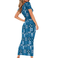 Vintage Hawaiian Quilting Patterns Family Matching Short Sleeve Bodycon Dress and Hawaiian Shirt Blue Style Tribal Fabric Patchwork - Polynesian Pride