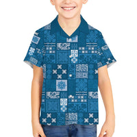 Vintage Hawaiian Quilting Patterns Family Matching Short Sleeve Bodycon Dress and Hawaiian Shirt Blue Style Tribal Fabric Patchwork - Polynesian Pride