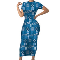 Vintage Hawaiian Quilting Patterns Short Sleeve Bodycon Dress Blue Style Tribal Fabric Patchwork - Polynesian Pride