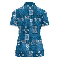 Vintage Hawaiian Quilting Patterns Women Polo Shirt Blue Style Tribal Fabric Patchwork - Polynesian Pride