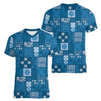 Vintage Hawaiian Quilting Patterns Women V-Neck T-Shirt Blue Style Tribal Fabric Patchwork - Polynesian Pride