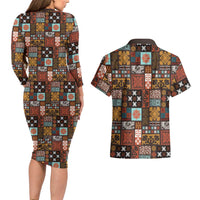 Vintage Hawaiian Quilting Patterns Couples Matching Long Sleeve Bodycon Dress and Hawaiian Shirt Brown Style Tribal Fabric Patchwork - Polynesian Pride