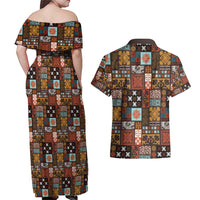 Vintage Hawaiian Quilting Patterns Couples Matching Off Shoulder Maxi Dress and Hawaiian Shirt Brown Style Tribal Fabric Patchwork - Polynesian Pride