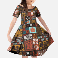 Vintage Hawaiian Quilting Patterns Family Matching Off The Shoulder Long Sleeve Dress and Hawaiian Shirt Brown Style Tribal Fabric Patchwork LT9 Daughter's Dress Brown - Polynesian Pride