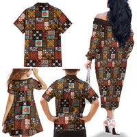Vintage Hawaiian Quilting Patterns Family Matching Off The Shoulder Long Sleeve Dress and Hawaiian Shirt Brown Style Tribal Fabric Patchwork LT9 - Polynesian Pride