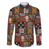 Vintage Hawaiian Quilting Patterns Family Matching Off The Shoulder Long Sleeve Dress and Hawaiian Shirt Brown Style Tribal Fabric Patchwork LT9 Dad's Shirt - Long Sleeve Brown - Polynesian Pride
