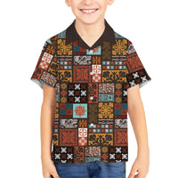 Vintage Hawaiian Quilting Patterns Family Matching Off The Shoulder Long Sleeve Dress and Hawaiian Shirt Brown Style Tribal Fabric Patchwork LT9 Son's Shirt Brown - Polynesian Pride