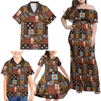 Vintage Hawaiian Quilting Patterns Family Matching Off Shoulder Maxi Dress and Hawaiian Shirt Brown Style Tribal Fabric Patchwork - Polynesian Pride