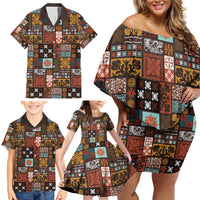 Vintage Hawaiian Quilting Patterns Family Matching Off Shoulder Short Dress and Hawaiian Shirt Brown Style Tribal Fabric Patchwork - Polynesian Pride