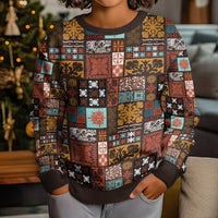 Vintage Hawaiian Quilting Patterns Kid Ugly Christmas Sweater Brown Style Tribal Fabric Patchwork - Polynesian Pride