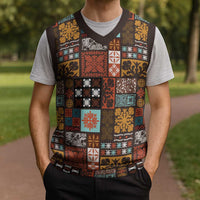 Vintage Hawaiian Quilting Patterns Christmas Knitted V-Neck Vest Brown Style Tribal Fabric Patchwork - Polynesian Pride