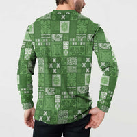 Vintage Hawaiian Quilting Patterns Button Sweatshirt Green Style Tribal Fabric Patchwork - Polynesian Pride
