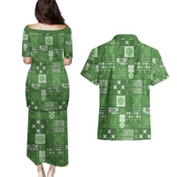 Vintage Hawaiian Quilting Patterns Couples Matching Puletasi and Hawaiian Shirt Green Style Tribal Fabric Patchwork - Polynesian Pride