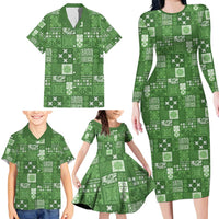 Vintage Hawaiian Quilting Patterns Family Matching Long Sleeve Bodycon Dress and Hawaiian Shirt Green Style Tribal Fabric Patchwork LT9 - Polynesian Pride