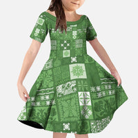 Vintage Hawaiian Quilting Patterns Family Matching Off The Shoulder Long Sleeve Dress and Hawaiian Shirt Green Style Tribal Fabric Patchwork LT9 Daughter's Dress Green - Polynesian Pride