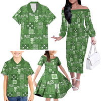 Vintage Hawaiian Quilting Patterns Family Matching Off The Shoulder Long Sleeve Dress and Hawaiian Shirt Green Style Tribal Fabric Patchwork LT9 - Polynesian Pride