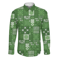 Vintage Hawaiian Quilting Patterns Family Matching Off The Shoulder Long Sleeve Dress and Hawaiian Shirt Green Style Tribal Fabric Patchwork LT9 Dad's Shirt - Long Sleeve Green - Polynesian Pride