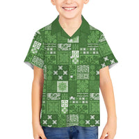 Vintage Hawaiian Quilting Patterns Family Matching Off The Shoulder Long Sleeve Dress and Hawaiian Shirt Green Style Tribal Fabric Patchwork LT9 Son's Shirt Green - Polynesian Pride