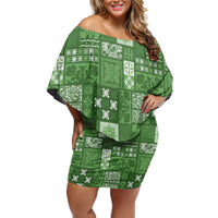 Vintage Hawaiian Quilting Patterns Off Shoulder Short Dress Green Style Tribal Fabric Patchwork - Polynesian Pride