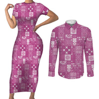 Vintage Hawaiian Quilting Patterns Couples Matching Short Sleeve Bodycon Dress and Long Sleeve Button Shirt Pink Style Tribal Fabric Patchwork - Polynesian Pride