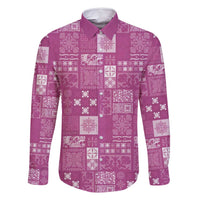 Vintage Hawaiian Quilting Patterns Family Matching Long Sleeve Bodycon Dress and Hawaiian Shirt Pink Style Tribal Fabric Patchwork - Polynesian Pride