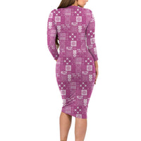 Vintage Hawaiian Quilting Patterns Family Matching Long Sleeve Bodycon Dress and Hawaiian Shirt Pink Style Tribal Fabric Patchwork LT9 - Polynesian Pride