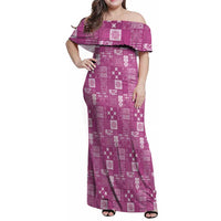 Vintage Hawaiian Quilting Patterns Family Matching Off Shoulder Maxi Dress and Hawaiian Shirt Pink Style Tribal Fabric Patchwork - Polynesian Pride