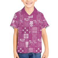 Vintage Hawaiian Quilting Patterns Family Matching Off Shoulder Maxi Dress and Hawaiian Shirt Pink Style Tribal Fabric Patchwork - Polynesian Pride