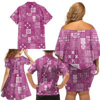 Vintage Hawaiian Quilting Patterns Family Matching Off Shoulder Short Dress and Hawaiian Shirt Pink Style Tribal Fabric Patchwork - Polynesian Pride