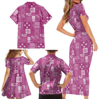 Vintage Hawaiian Quilting Patterns Family Matching Short Sleeve Bodycon Dress and Hawaiian Shirt Pink Style Tribal Fabric Patchwork LT9 - Polynesian Pride
