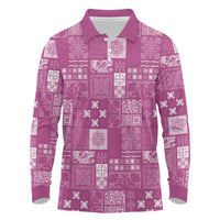 Vintage Hawaiian Quilting Patterns Long Sleeve Polo Shirt Pink Style Tribal Fabric Patchwork - Polynesian Pride