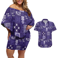 Vintage Hawaiian Quilting Patterns Couples Matching Off Shoulder Short Dress and Hawaiian Shirt Purple Style Tribal Fabric Patchwork - Polynesian Pride